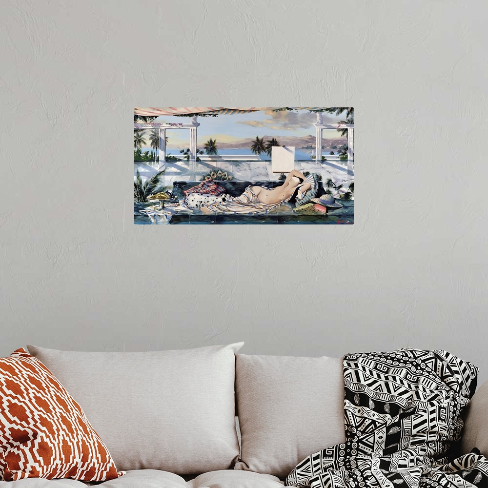 A bohemian room featuring Contemporary painting of a nude woman reclining by the ocean.