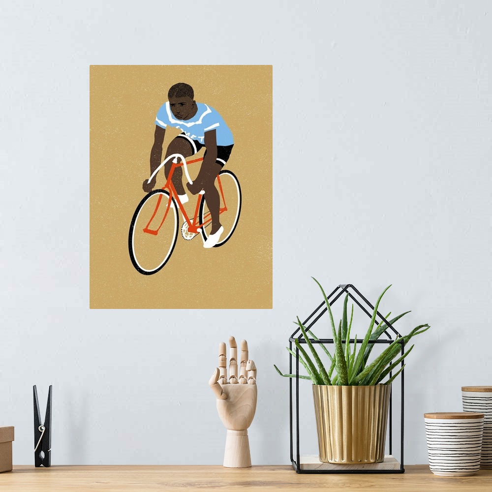 A bohemian room featuring Contemporary illustration of a cyclist on a red bike against a light brown background.