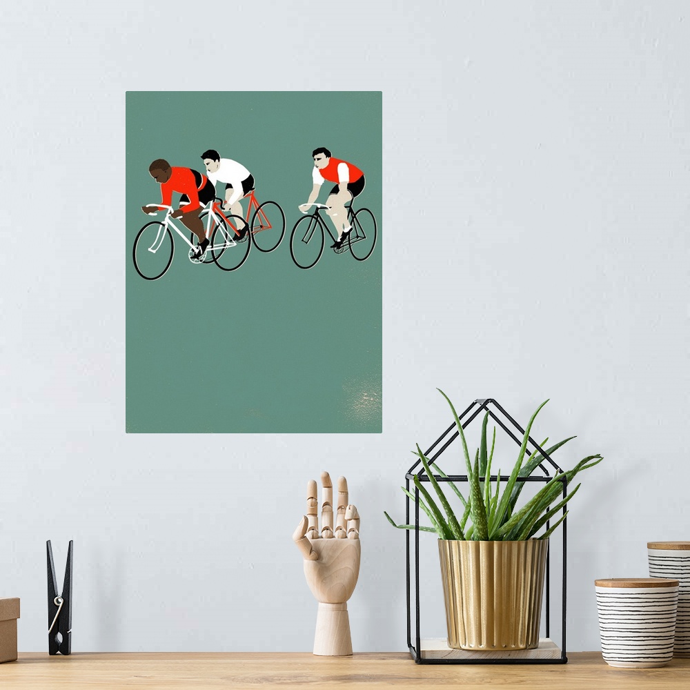 A bohemian room featuring Contemporary illustration of a cyclists riding against a pale green background.