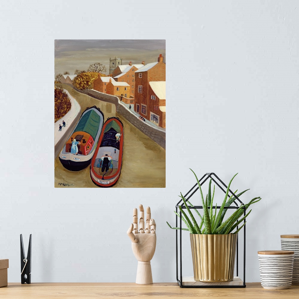 A bohemian room featuring Contemporary painting of two boats in a canal in the city.
