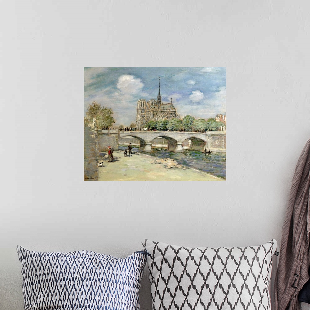 A bohemian room featuring Oil painting of bridge with huge church in the background.