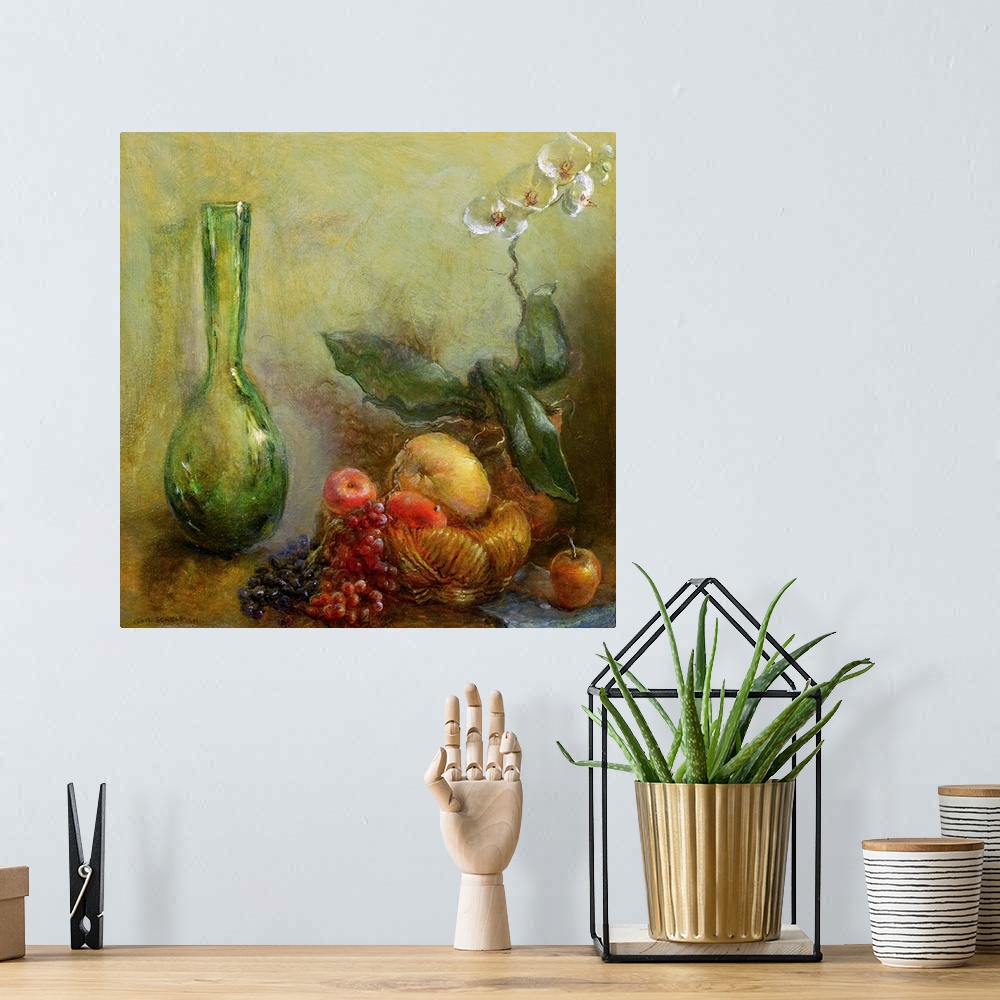 A bohemian room featuring Orchid with Basket of Fruit and Green Vase