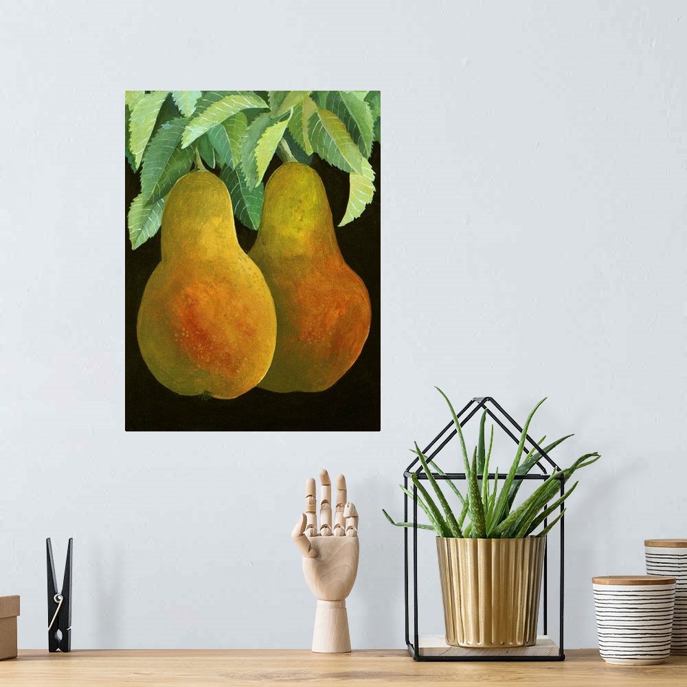 A bohemian room featuring Contemporary painting of two pears hanging from a tree.