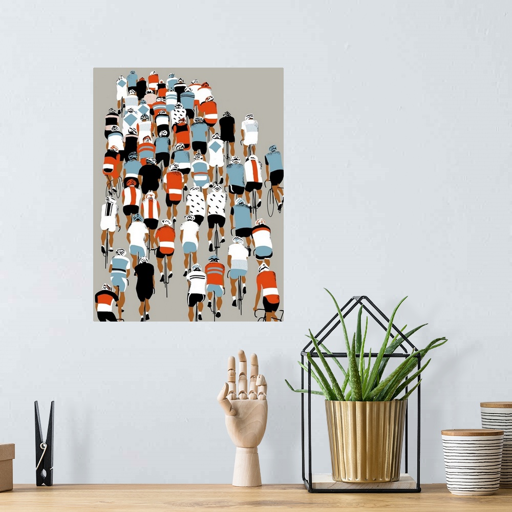 A bohemian room featuring Contemporary painting of cyclists riding together in a large group.