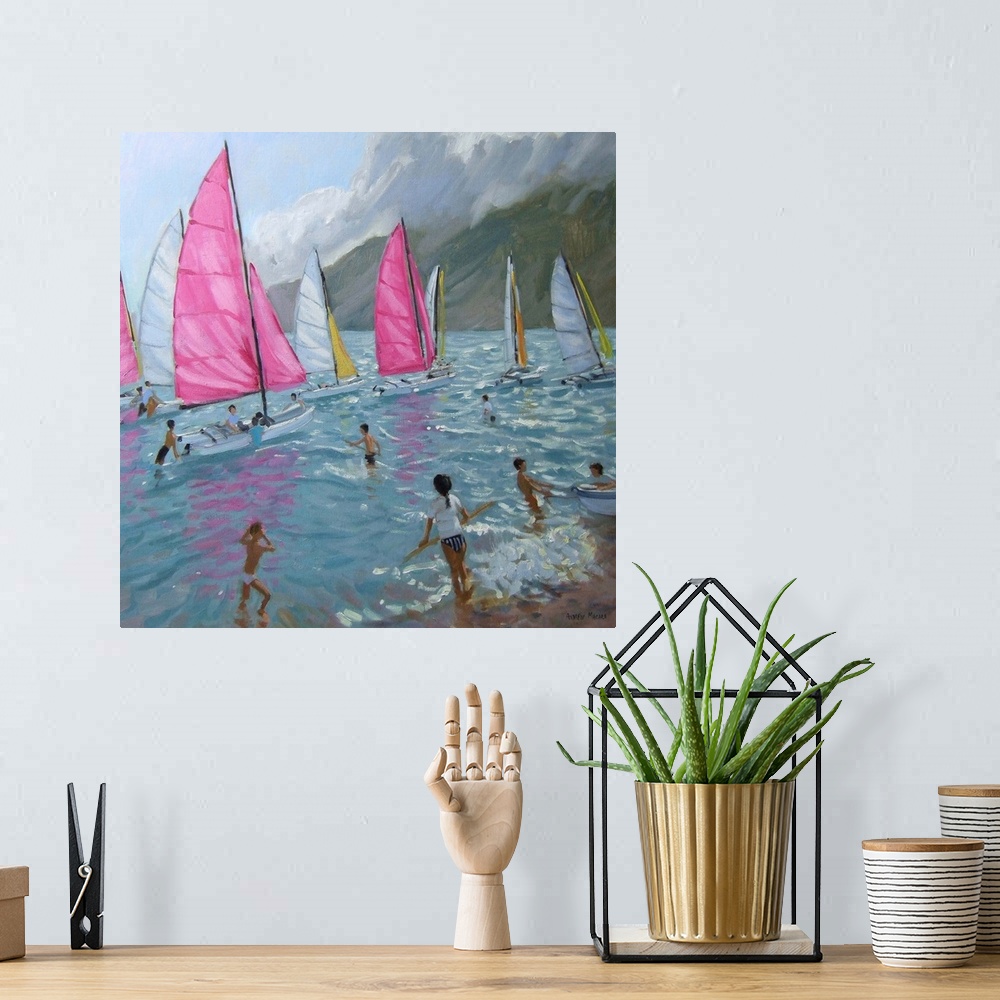 A bohemian room featuring Pink and white sails, Lefkas, 2007, (originally oil on canvas) by Macara, Andrew