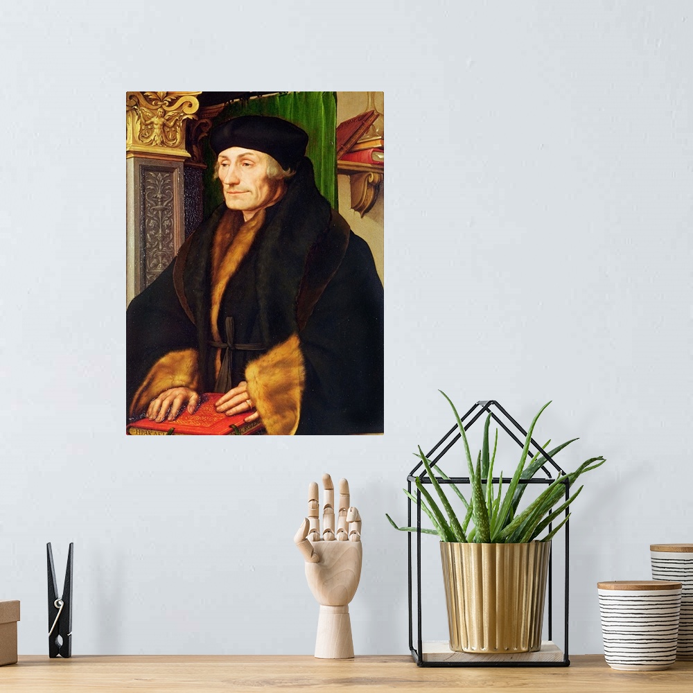 A bohemian room featuring BAL5531 Portrait of Erasmus, 1523 (oil and egg tempera on panel)  by Holbein the Younger, Hans (1...