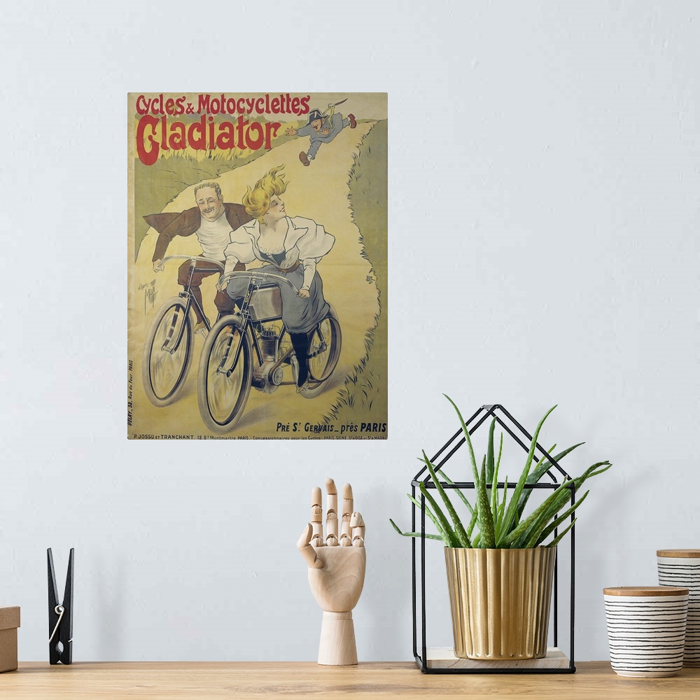 A bohemian room featuring Poster advertising Gladiator bicycles and motorcycles