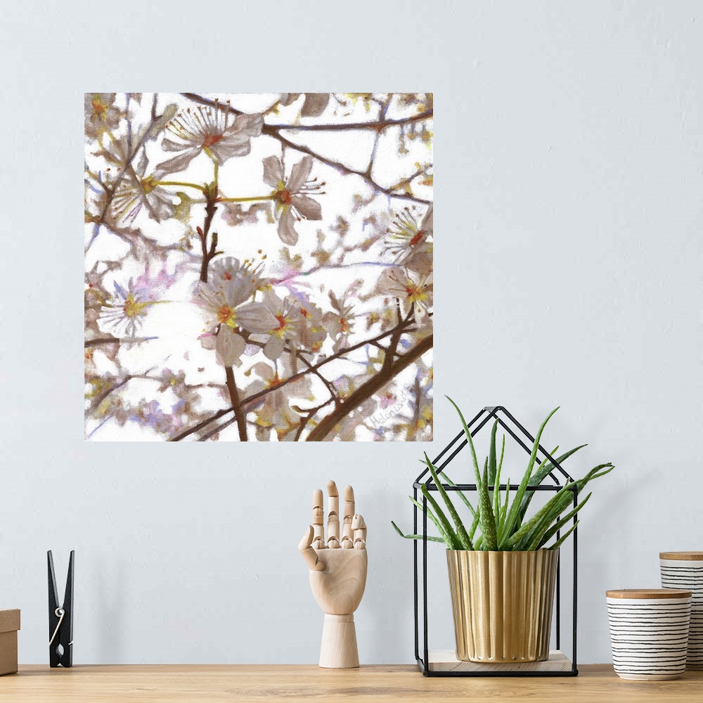 A bohemian room featuring Contemporary painting of white flowers on the branches of a tree.