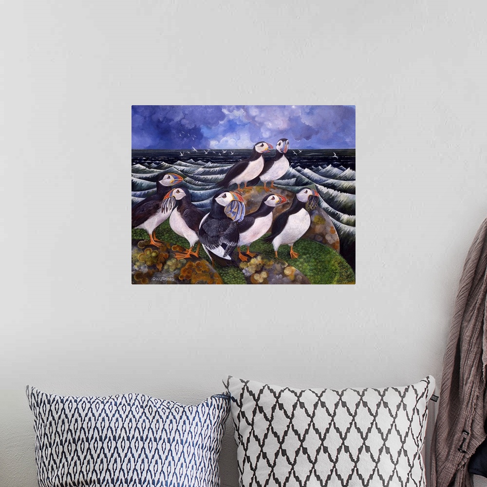 A bohemian room featuring Contemporary painting of a puffins on a rock eating fish.