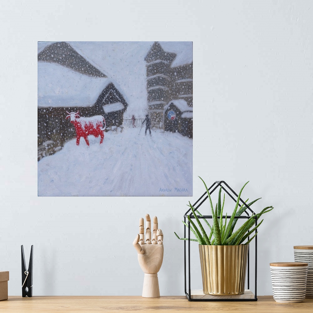 A bohemian room featuring Red Cow, Les Arcs. 2018 (originally oil on canvas) by Macara, Andrew