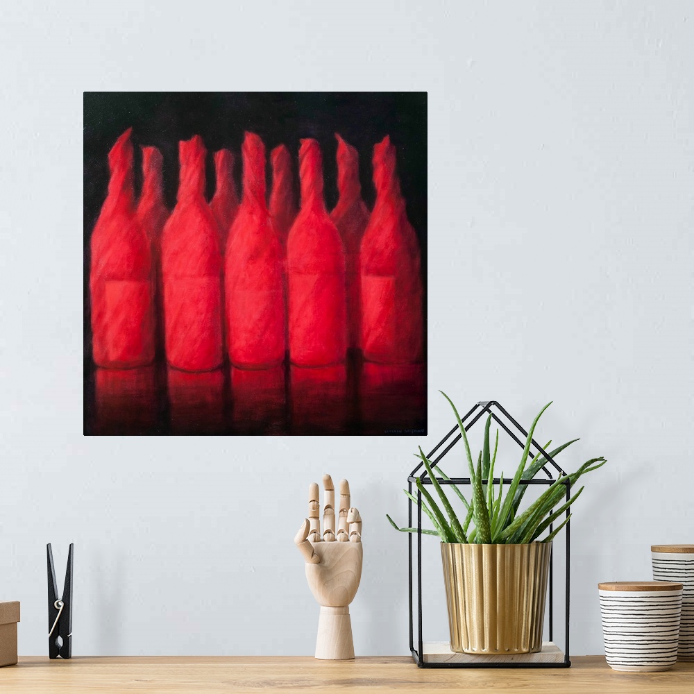 A bohemian room featuring Contemporary painting of a row of wrapped bottles of wine.