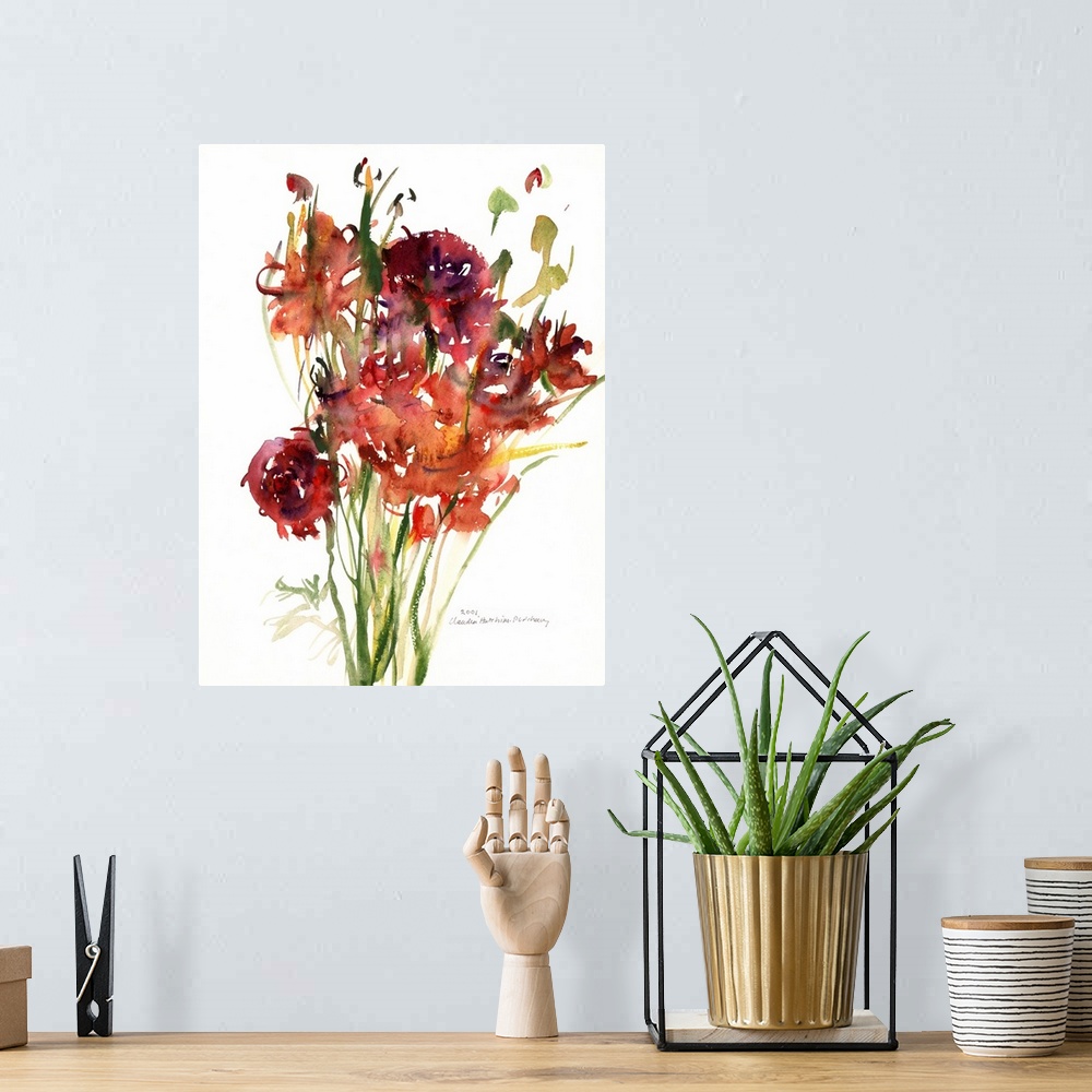 A bohemian room featuring Contemporary floral watercolor painting.