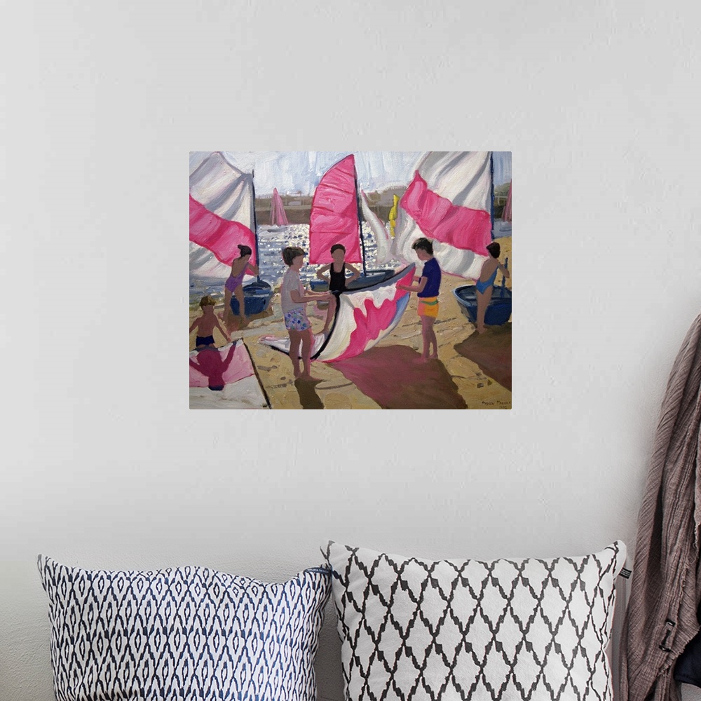 A bohemian room featuring This piece of classic artwork shows several children on the beach as they attach their sails to t...