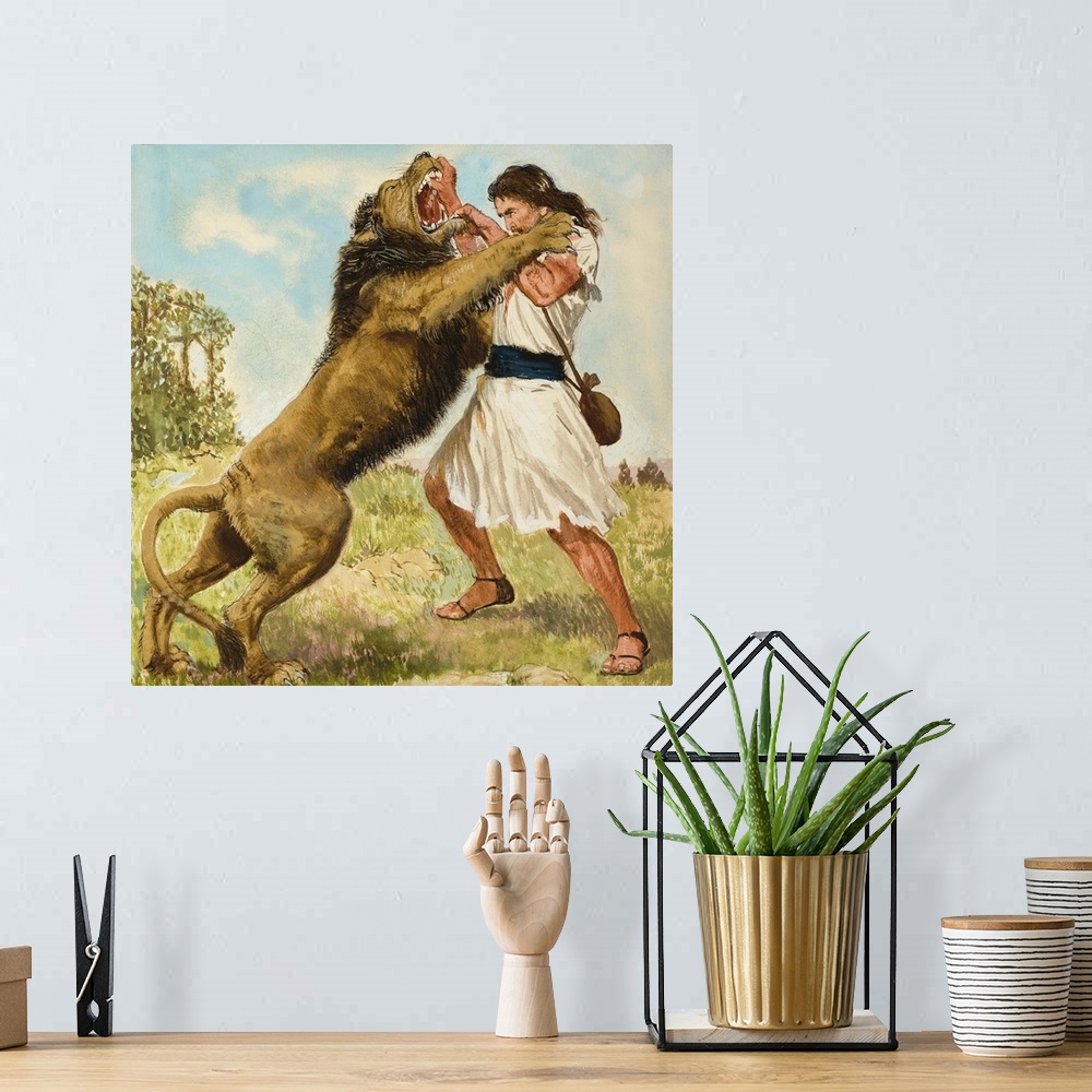 A bohemian room featuring Samson Fighting a Lion. Original artwork for illustration on page 9 of Treasure issue number 172.