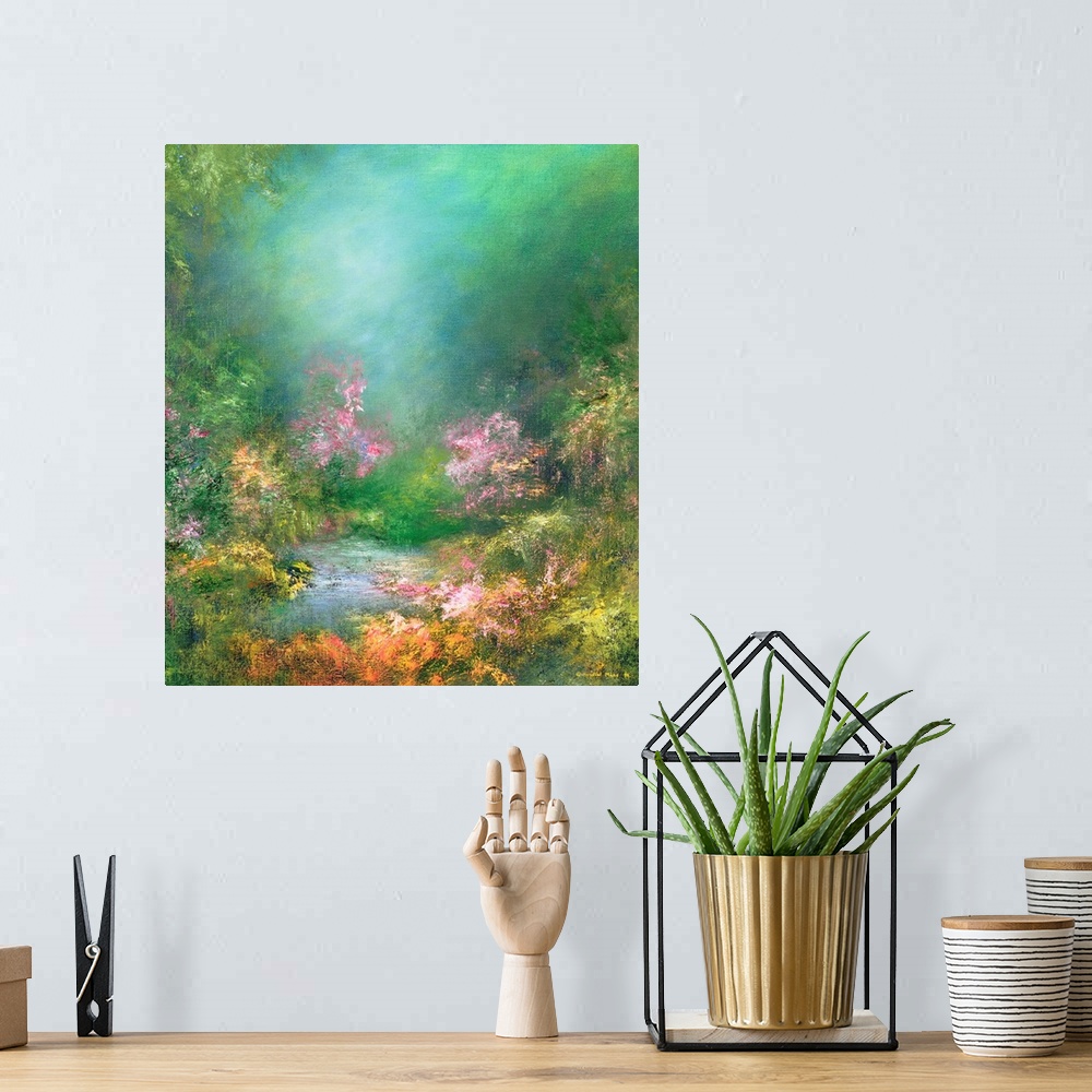 A bohemian room featuring Contemporary painting of a serene garden.