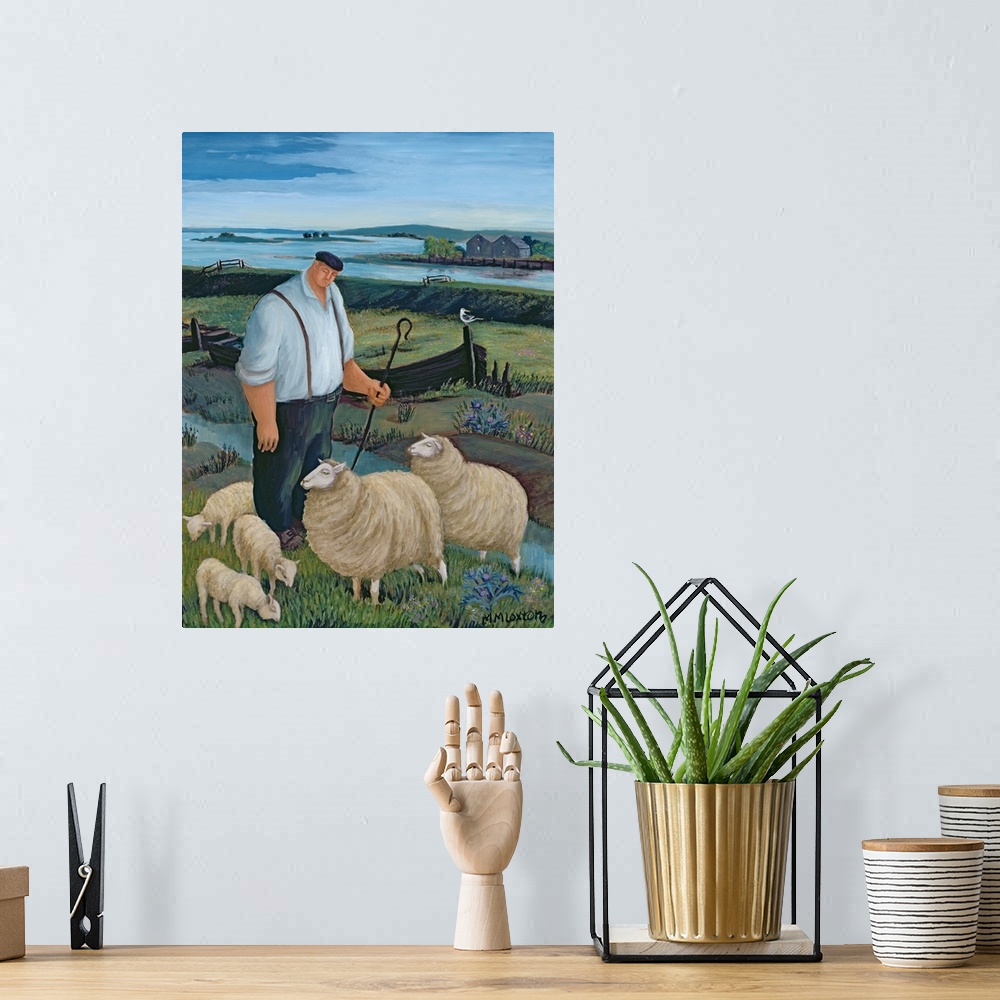 A bohemian room featuring Contemporary painting of a farmer tending to his flock of sheep.