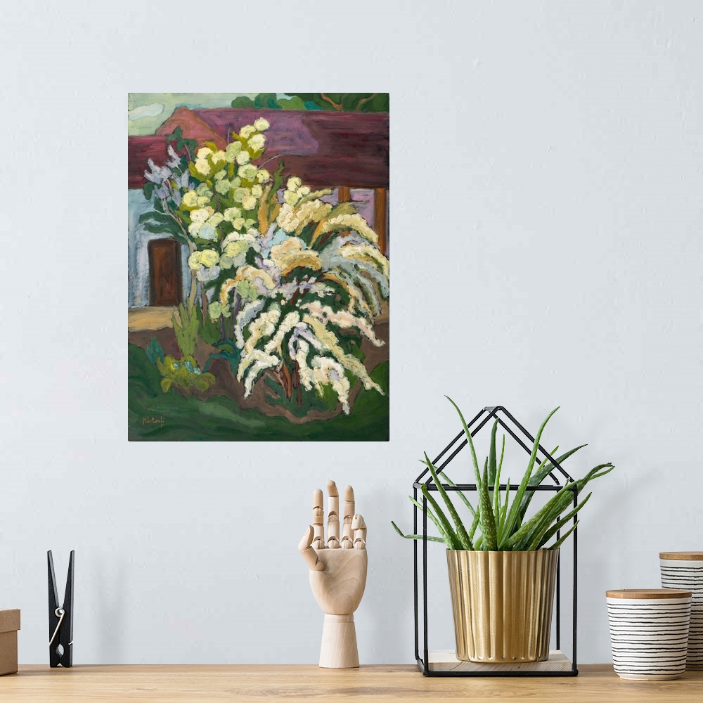 A bohemian room featuring Shrubbery in Bloom, oil on board
