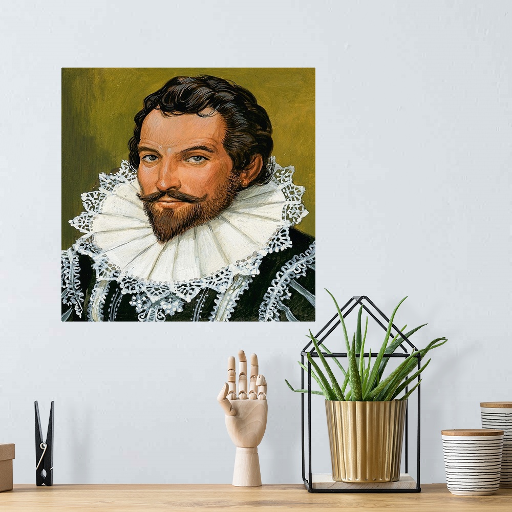 A bohemian room featuring Sir Walter Raleigh. Original artwork for Look and Learn.