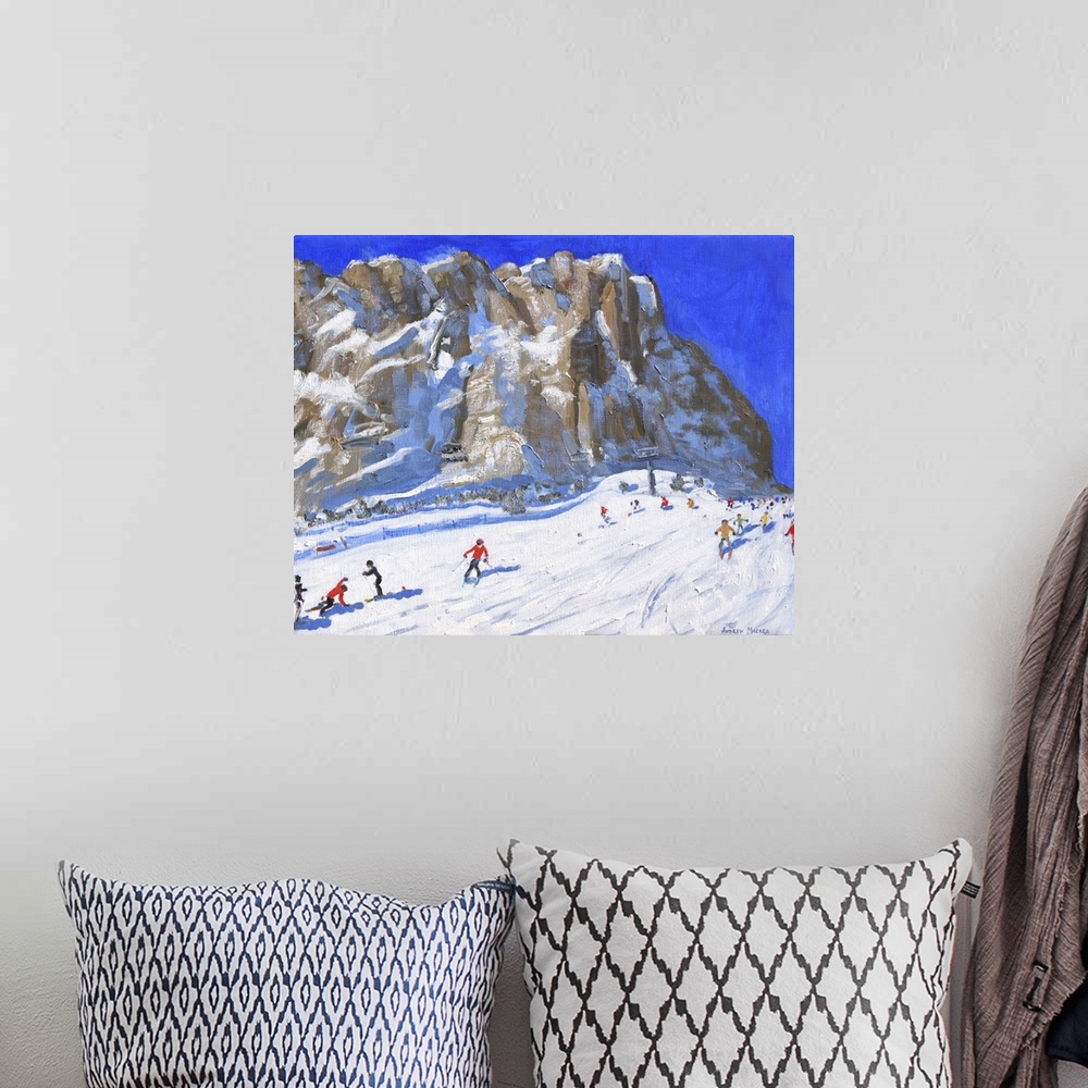 A bohemian room featuring Skiing down the mountain, Selva Gardena, oil on canvas.
