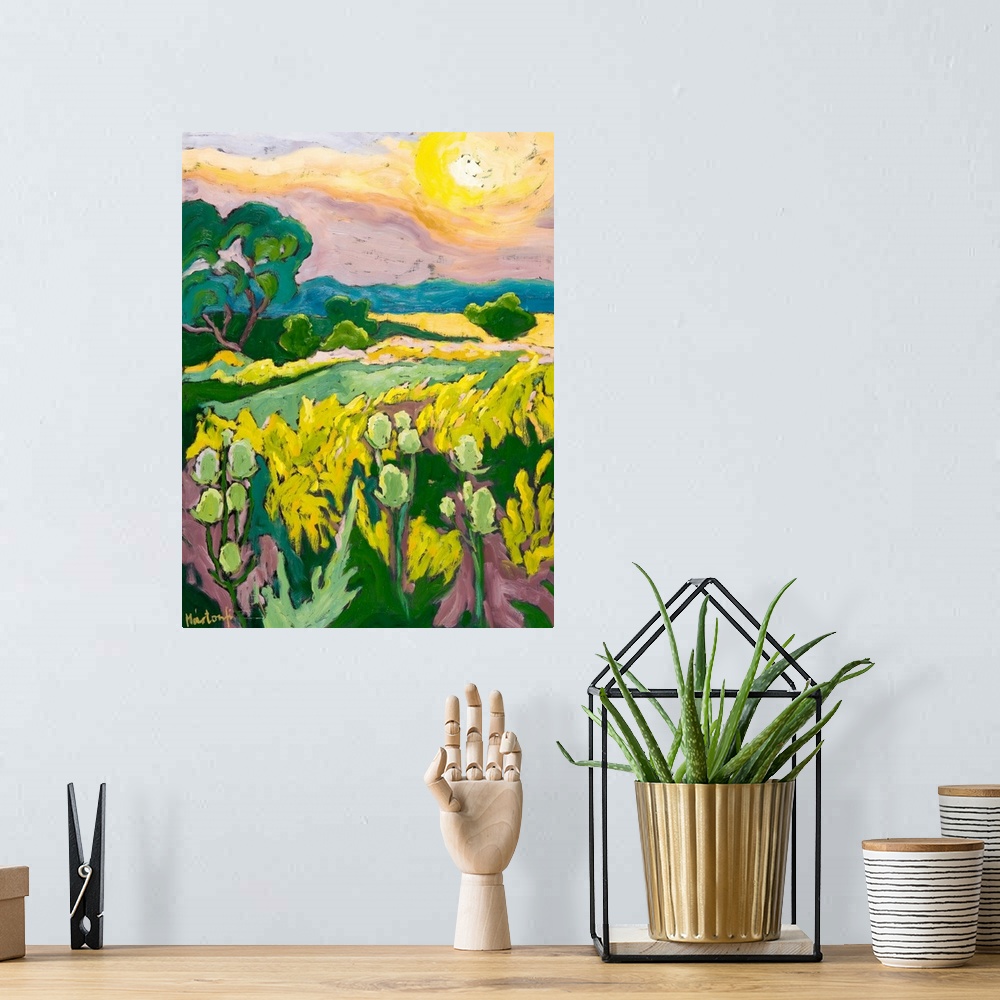A bohemian room featuring This vertical landscape painting captures and meadow of wildflowers at sunset with big areas of c...