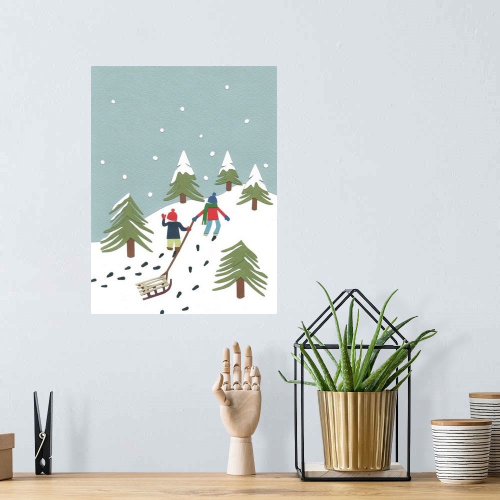 A bohemian room featuring Contemporary artwork of children climbing a hill with a sled