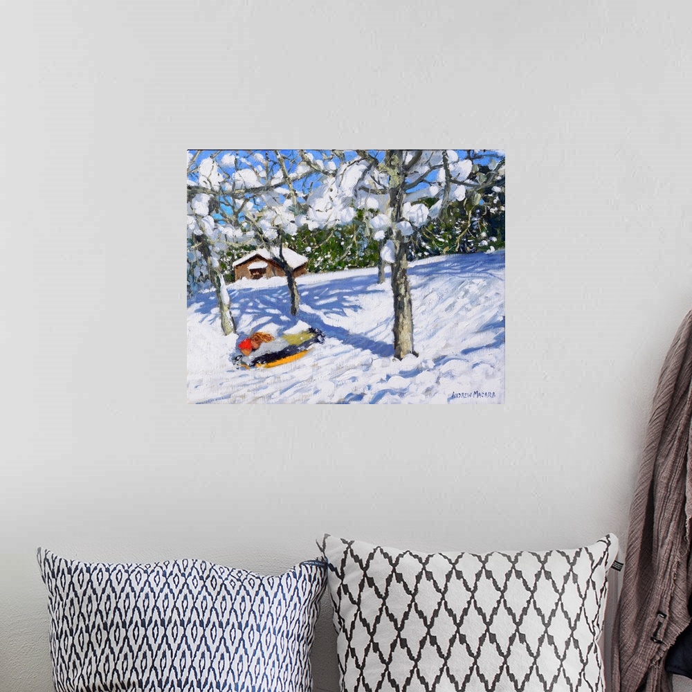 A bohemian room featuring Sledging in the orchard, Morzine, 2018, (originally oil on canvas) by Macara, Andrew