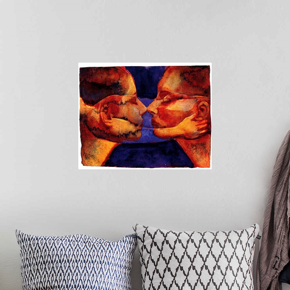 A bohemian room featuring Contemporary watercolor painting of two deep orange toned faces coming close together to kiss.
