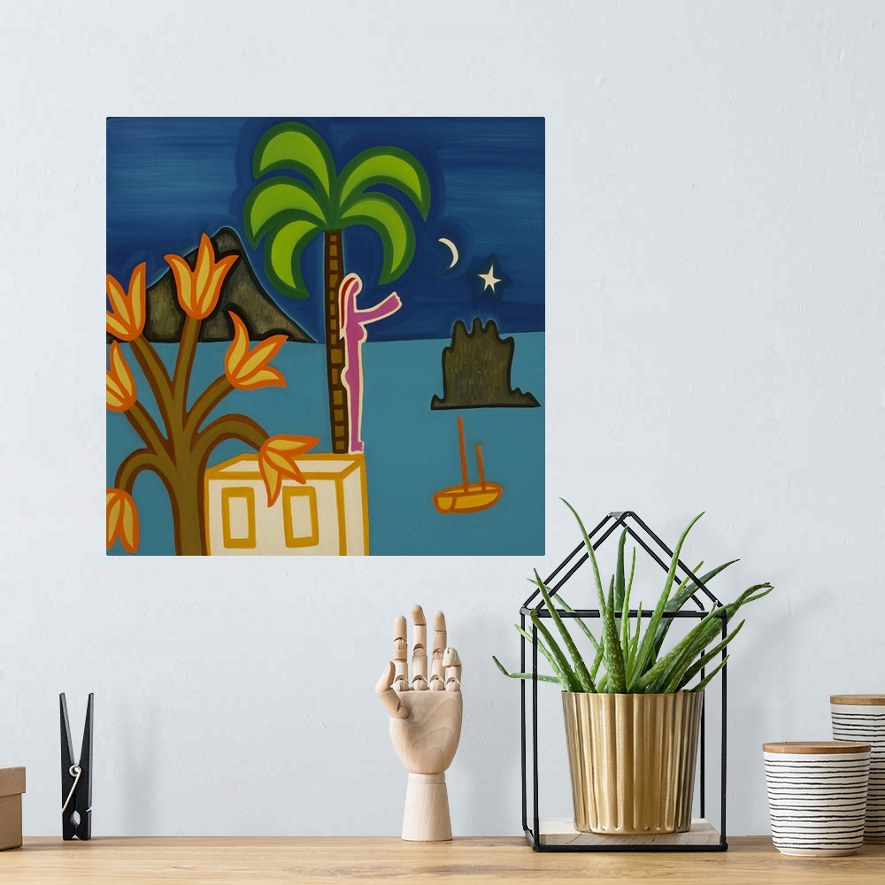 A bohemian room featuring Contemporary painting of a woman standing against a palm tree, looking out into the ocean.