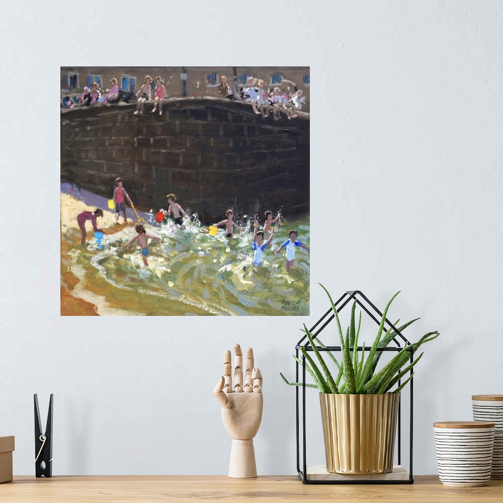 A bohemian room featuring Splashing in Tenby Harbour, 2016, originally oil on canvas.