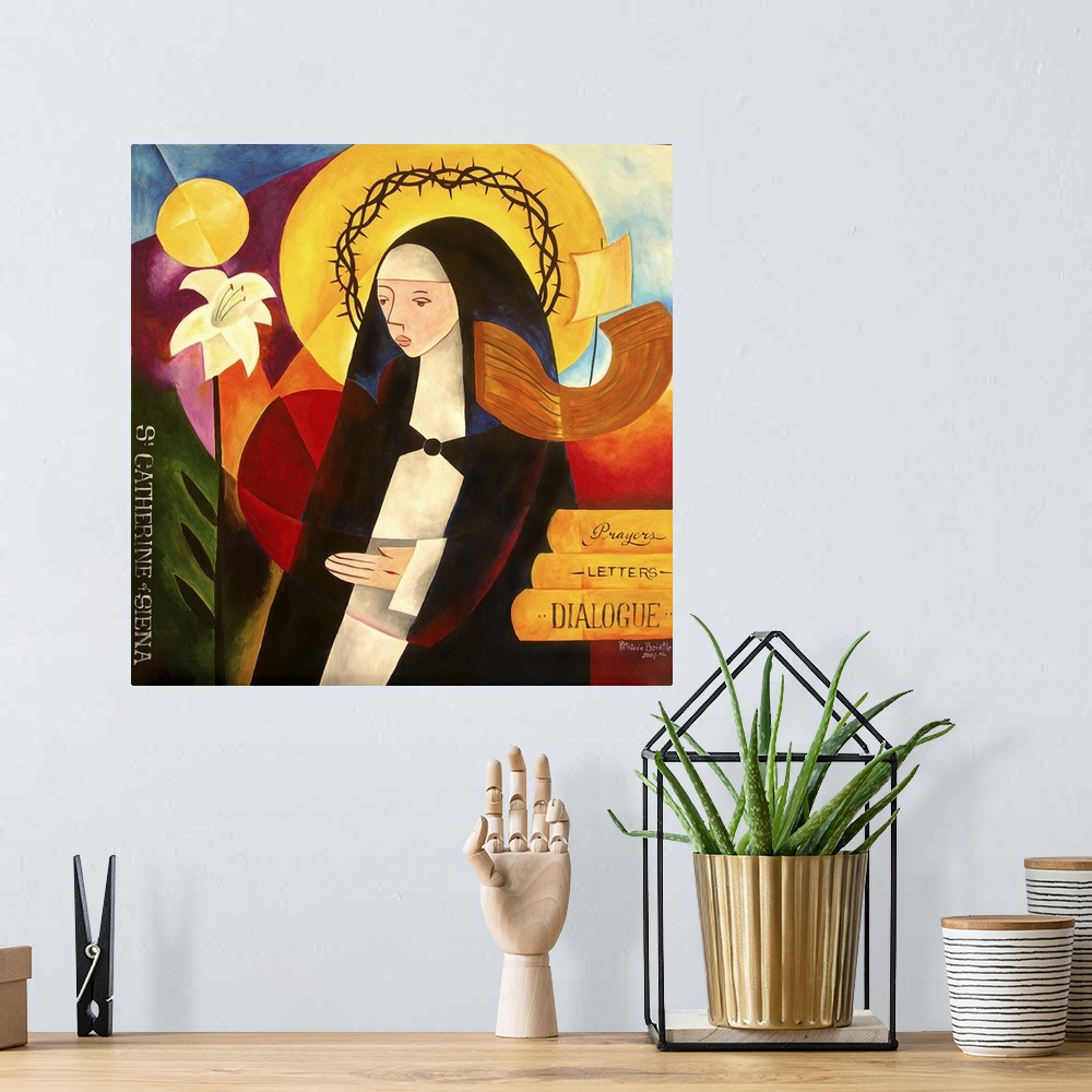 A bohemian room featuring Contemporary religious themed painting of St. Catherine.