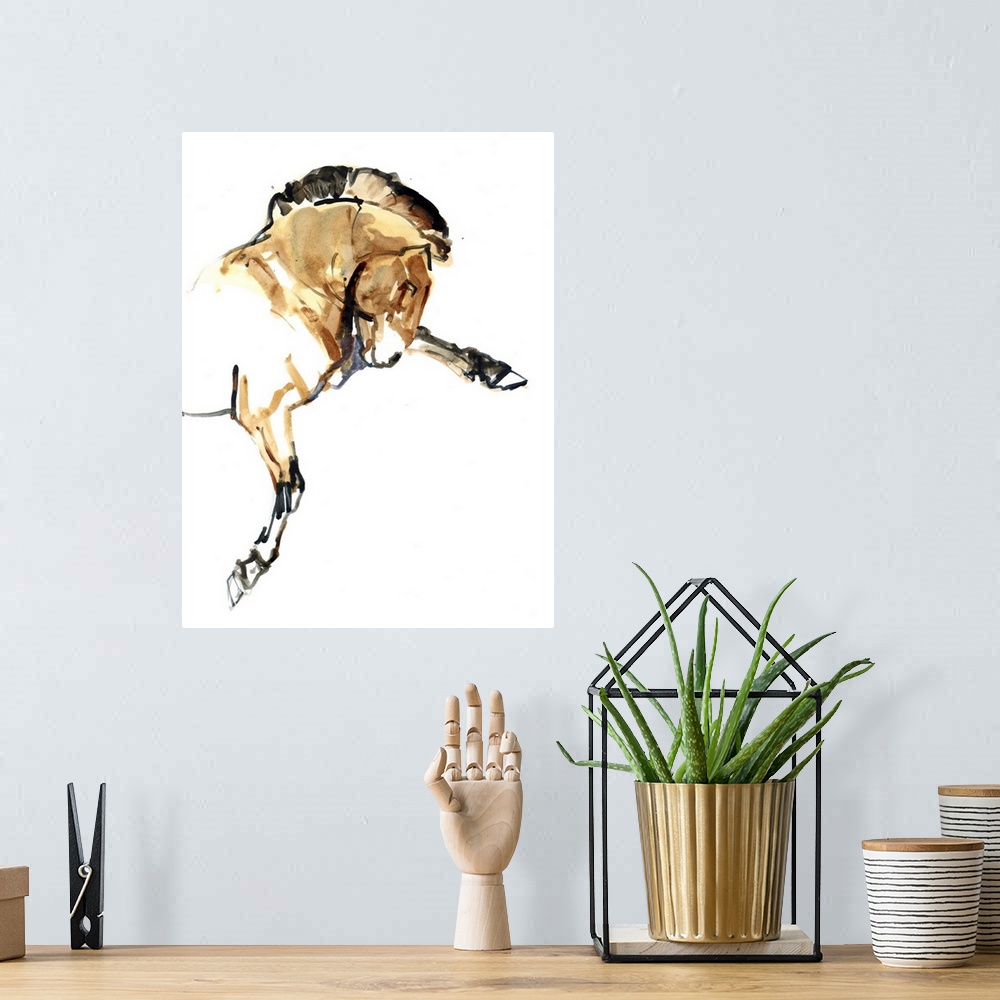A bohemian room featuring Contemporary artwork of a Mongolian Przewalski horse rearing up against a white background.