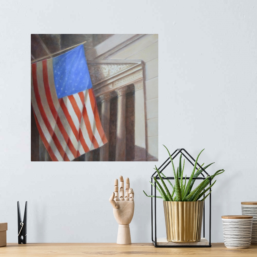 A bohemian room featuring Stars & Stripes, N.Y. Stock Exchange