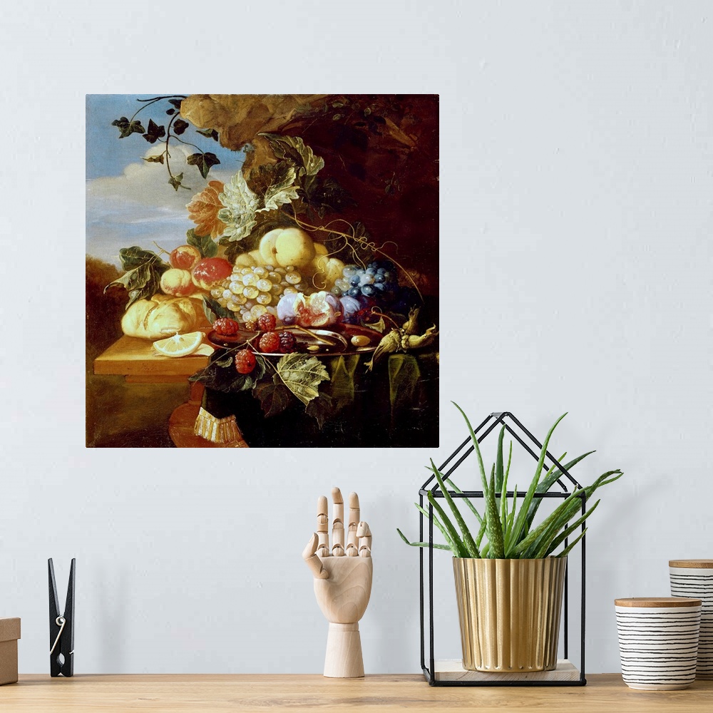 A bohemian room featuring Still life with fruit and flowers