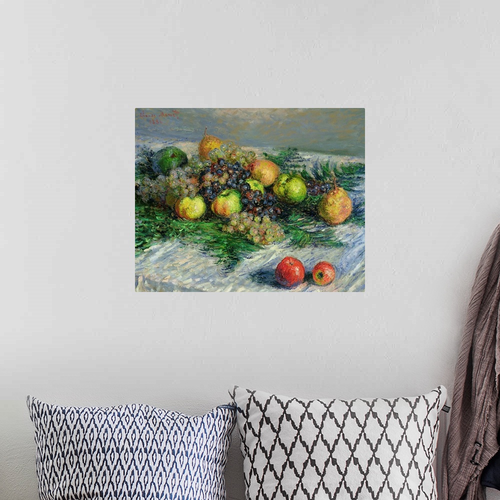 A bohemian room featuring This is an Impressionist painting of fruits on a table in this decorative wall art for the home, ...