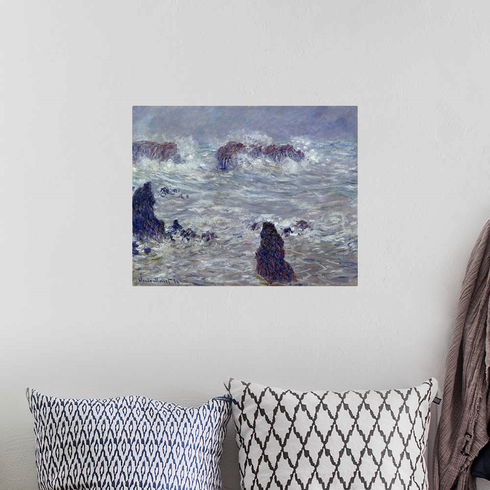 A bohemian room featuring Oil painting of rocky shoreline with crashing waves and rough seas.