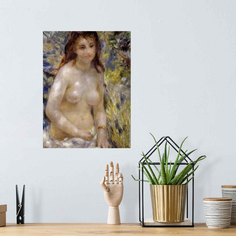 A bohemian room featuring Portrait classic figurative painting of a nude woman from the waist up, as she sits upright, her ...