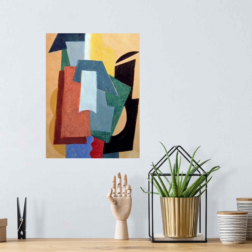 A bohemian room featuring Abstract art painting of bold block colors layered on top of each other.