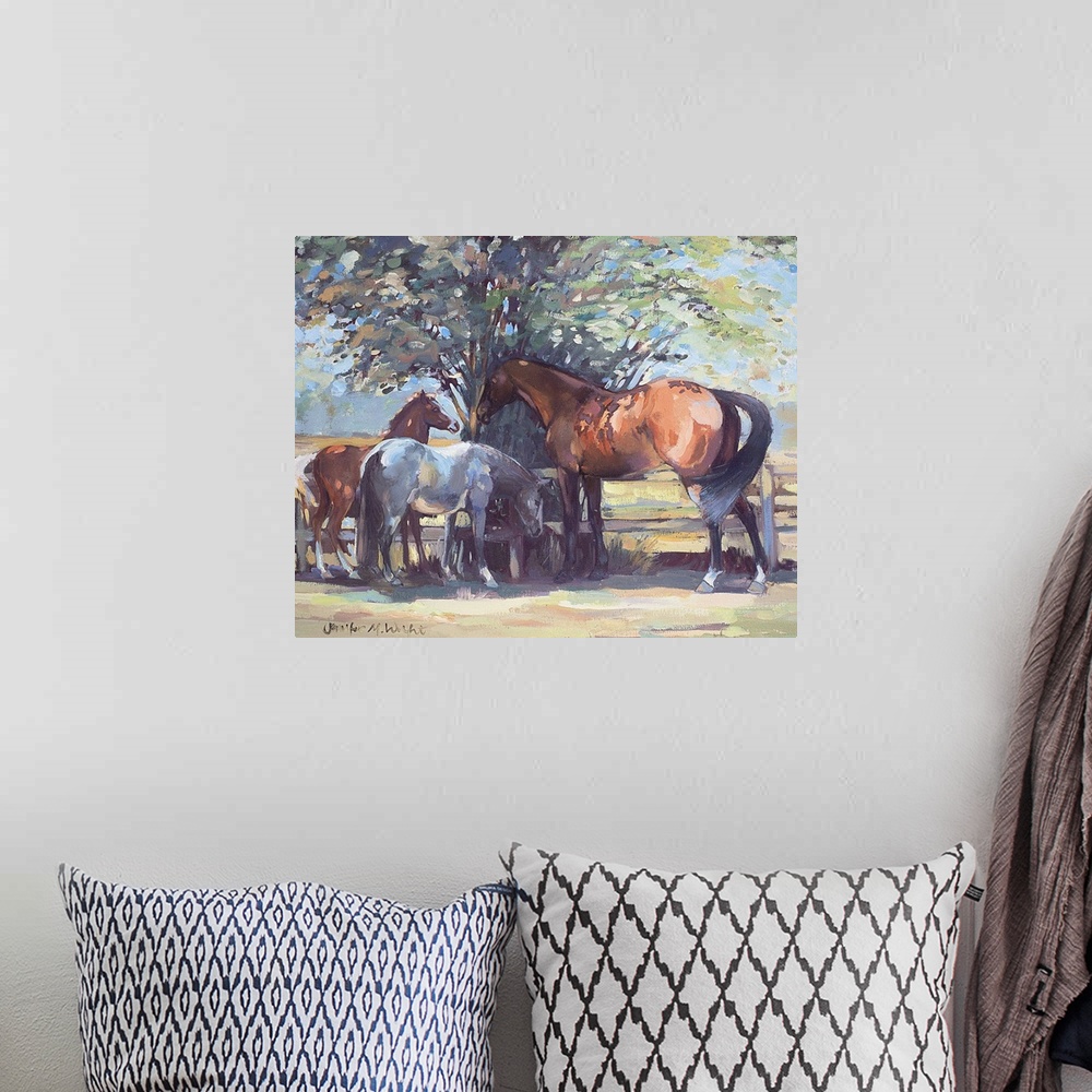 A bohemian room featuring Contemporary painting of a horse and ponies in the shade in summer.