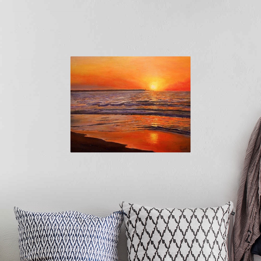 A bohemian room featuring This wall art for the home or office is a contemporary painting of the sun sinking below the hori...