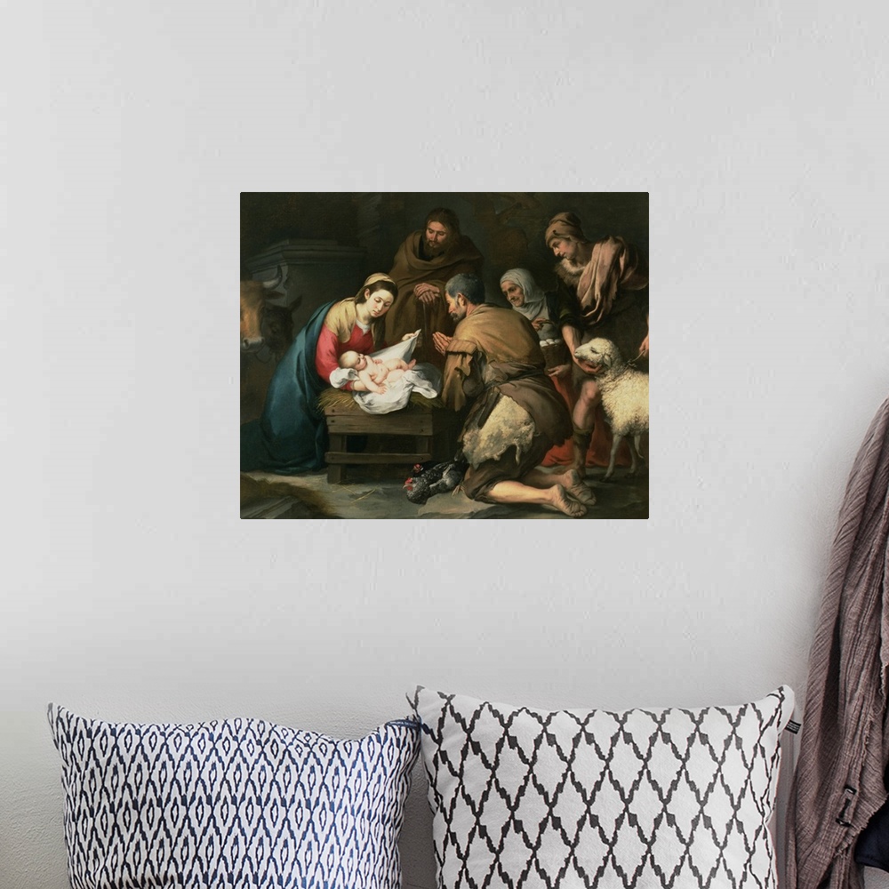 A bohemian room featuring XIR38716 The Adoration of the Shepherds, c.1650 (oil on canvas)  by Murillo, Bartolome Esteban (1...