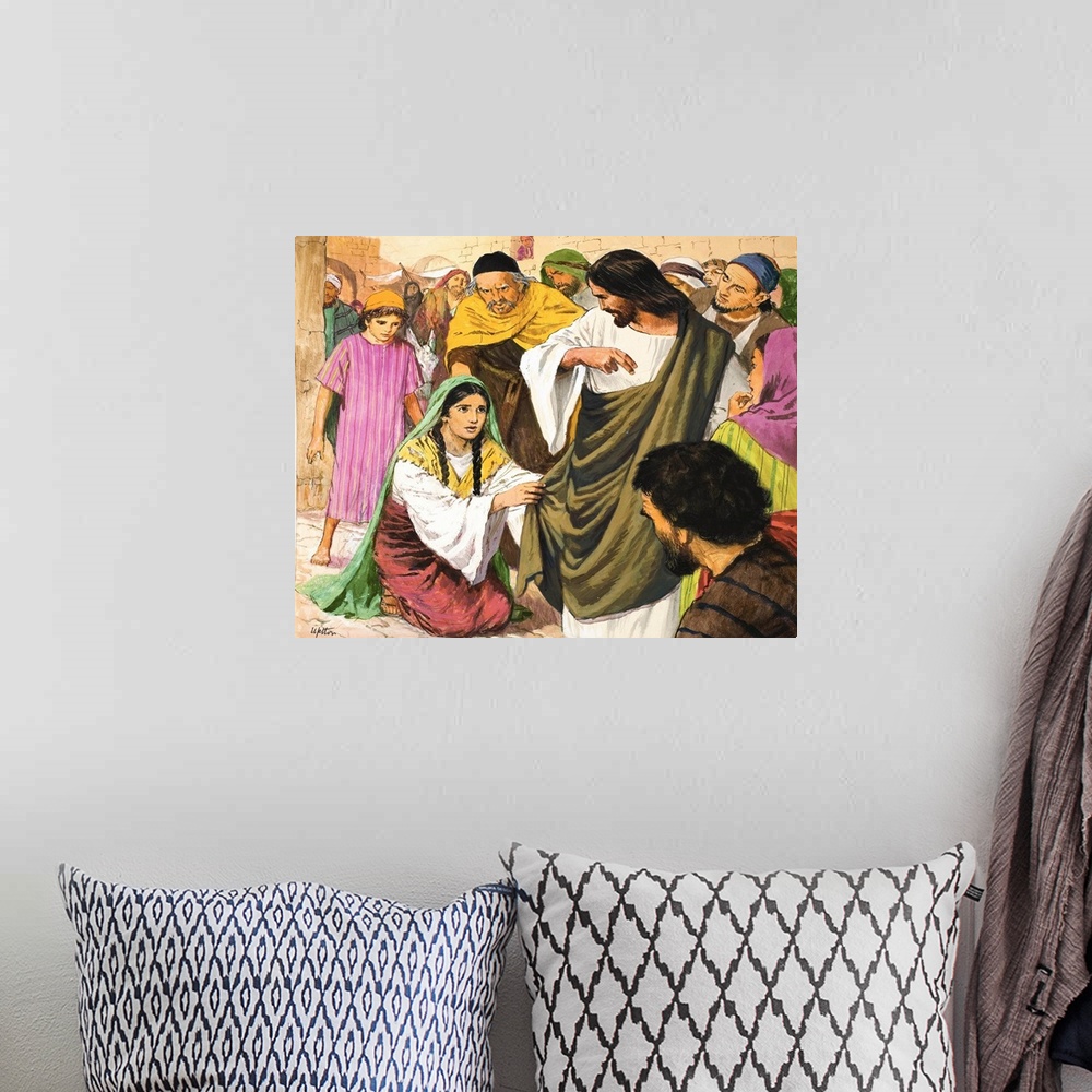 A bohemian room featuring The Amazing Love of Jesus: The Woman in the Crowd. Original artwork for illustration on page 9 of...