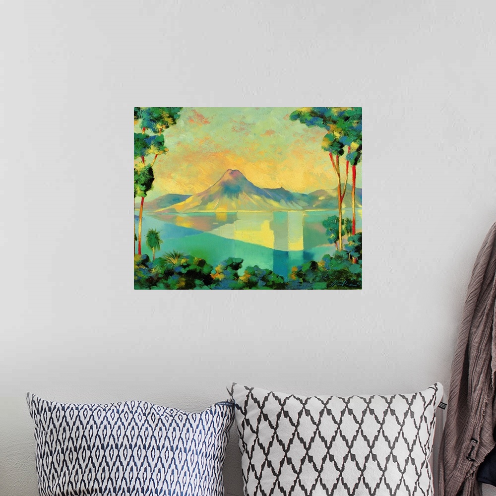 A bohemian room featuring Contemporary painting of a peaceful lagoon landscape.