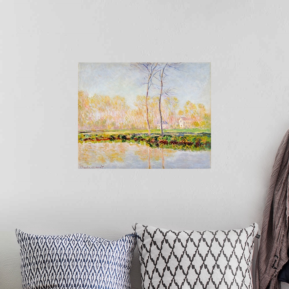 A bohemian room featuring Horizontal classic art on a large canvas of two tall, thin trees at the edge of the River Epte, a...