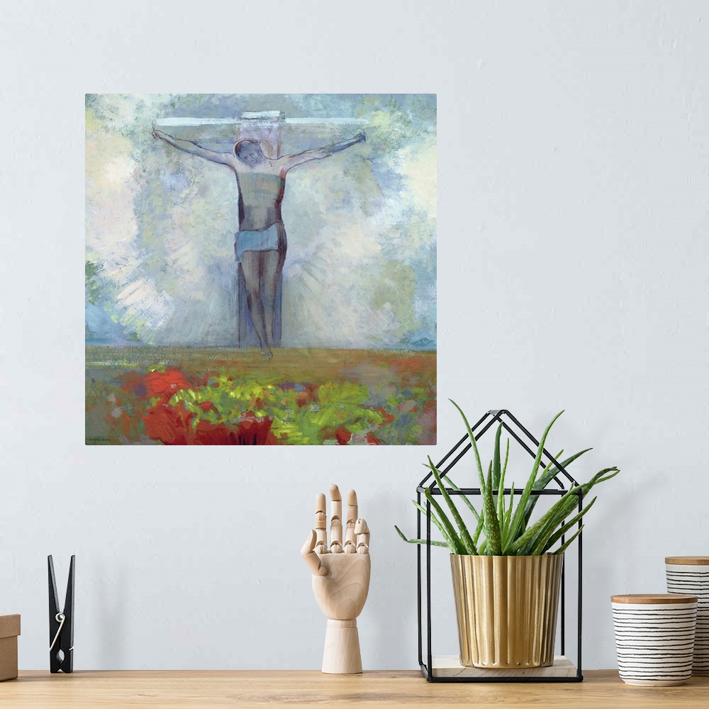 A bohemian room featuring XIR39004 The Crucifixion, c.1910 (oil on card)  by Redon, Odilon (1840-1916); 25.7x47.1 cm; Musee...