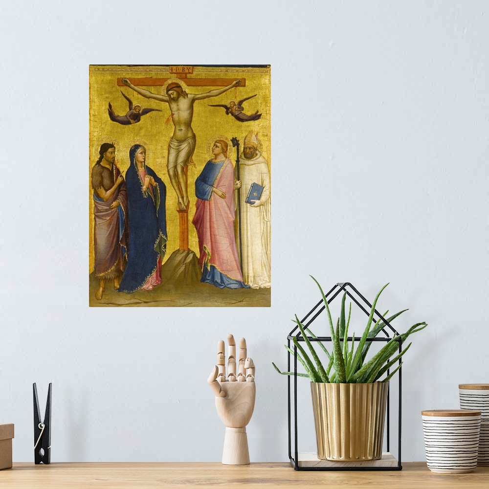 A bohemian room featuring Originally tempera and gold leaf on panel. The Crucifixion With St John The Baptist, The Virgin, ...