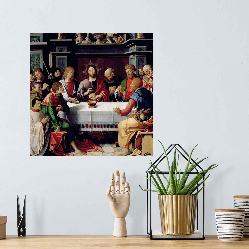 A bohemian room featuring XJL180971 The Last Supper, central panel from the Eucharist Triptych, 1515 (oil on panel) by Fren...