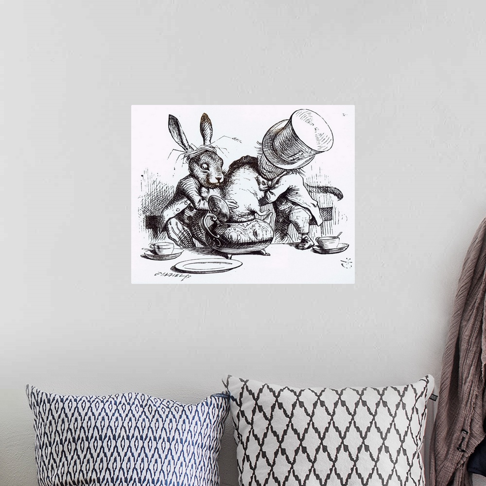 A bohemian room featuring The Mad Hatter and the March Hare putting the Dormouse in the Teapot, illustration from 'Alice's ...