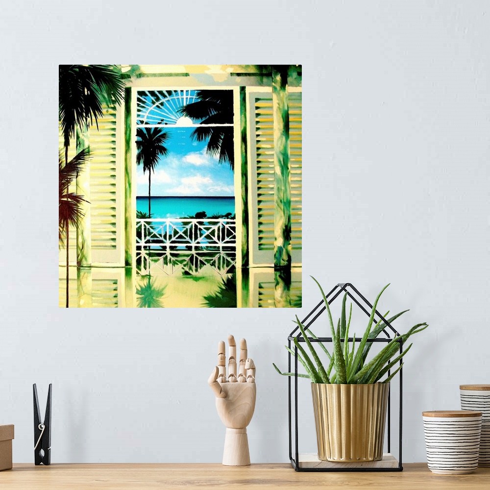 A bohemian room featuring Contemporary painting looking out through a window to a tropical sea.