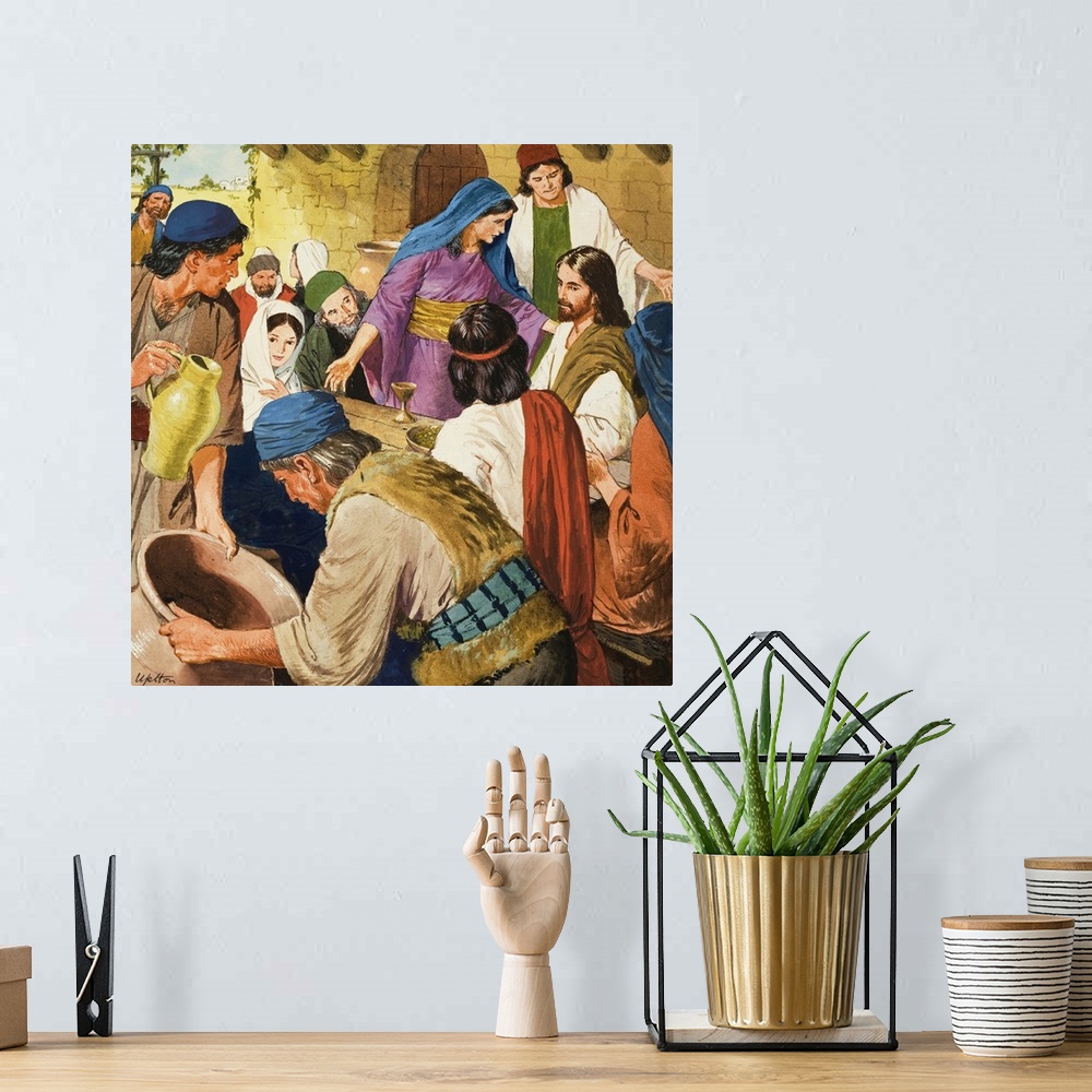 A bohemian room featuring The Miracles of Jesus: The water is changed to wine. Original artwork for illustration on page 9 ...
