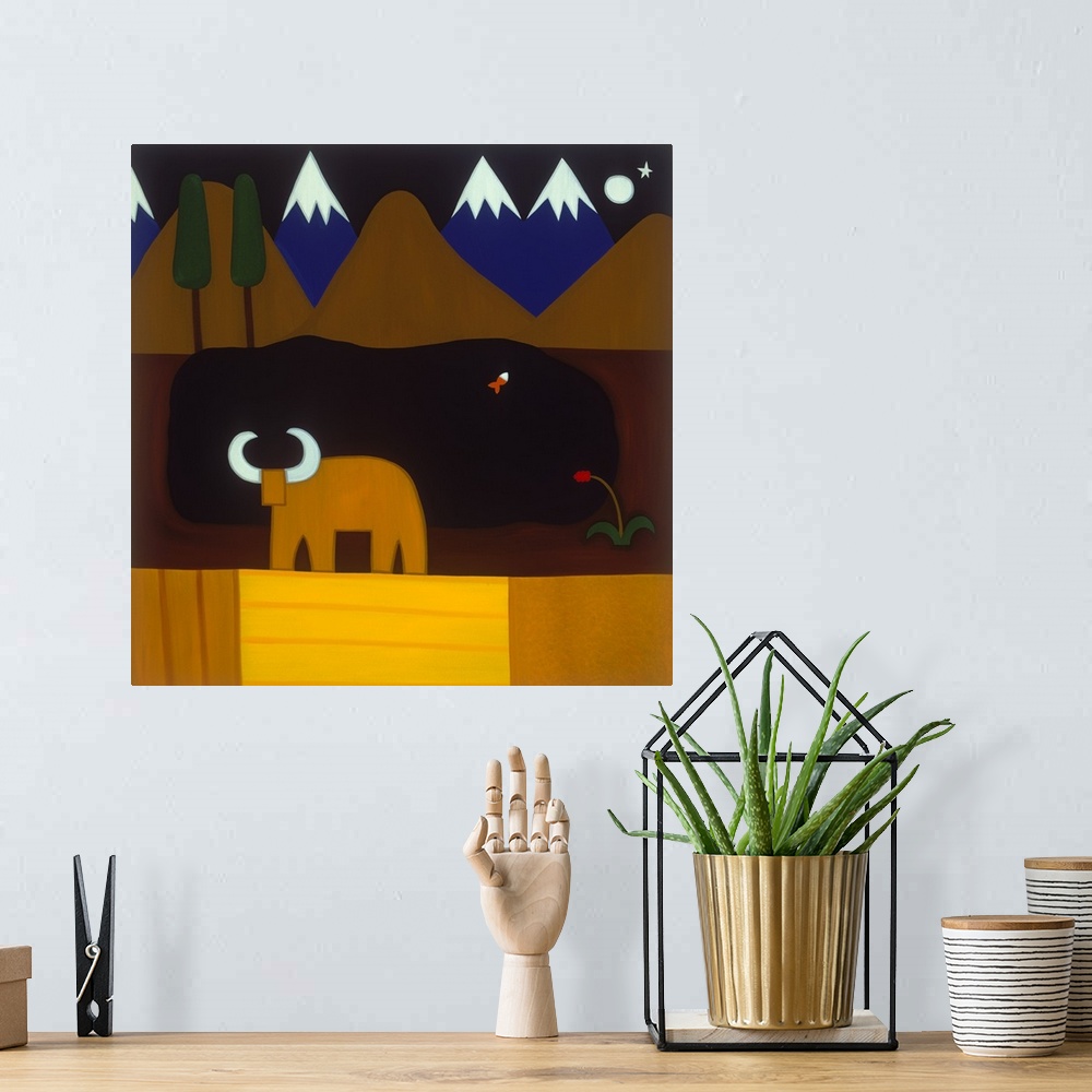 A bohemian room featuring Contemporary painting of a bull in the evening near the Andes Mountains.